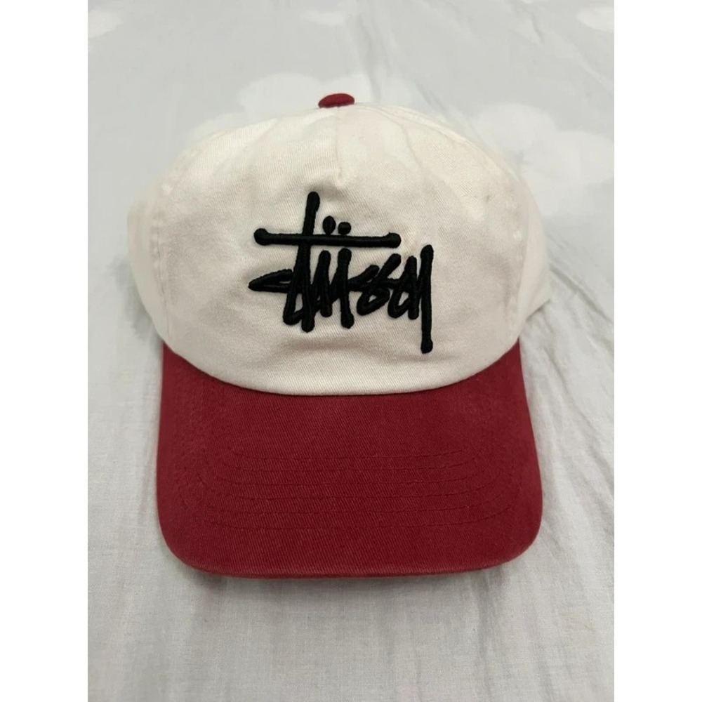 Vintage Stussy Script Logo Two Tone Cream/Maroon Adjustable Hat Cap